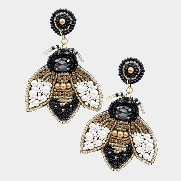 Honey Bee Seed Bead Dangle Earrings - Picture 3 of 5